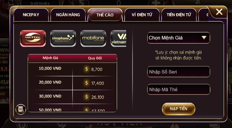 Nạp tiền siêu tốc qua thẻ cào tại cổng game Sunwin.
